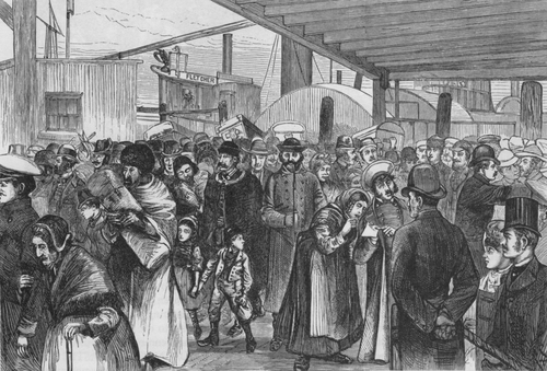 A crowd of immigrants landing at Castle Garden in 1880 includes an Eastern European man with a fur hat and caricatured facial features. - Illustration 