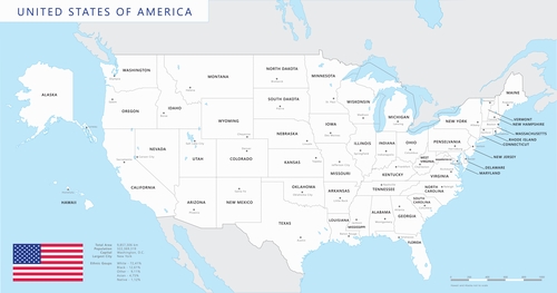 Colored united states map with names and capitals - Vector 