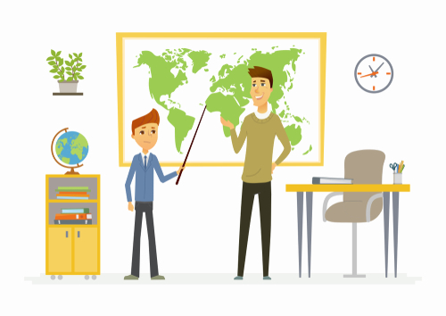 Geography lesson at school - modern cartoon people characters illustration with a young teacher and a student speaking at the map. Classroom with different visual aids, board, globe, desk, plant - Illustration 