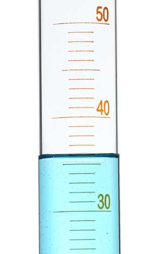 Liquid B in a graduated cylinder contains liquid a little above 35 liters