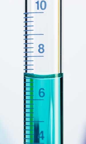 Liquid C in a graduated cylinder contains liquid between 6 and 8 liters