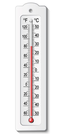 Thermometer with a reading of plus 30 Celsius.