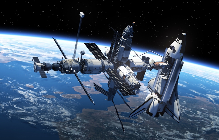 Space Shuttle And Space Station In Space. 3D Scene. Elements of this image furnished by NASA - Illustration