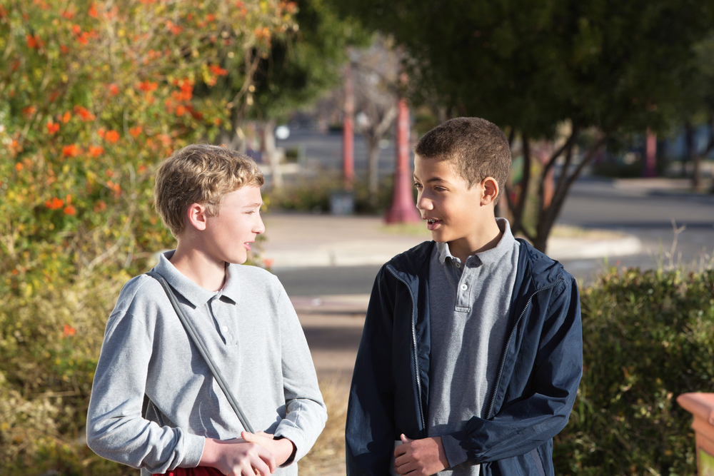 Two male teenage friends in conversation together outdoors