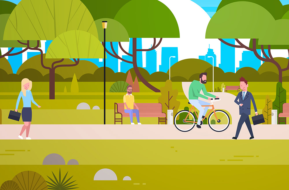 people walking and biking through a park