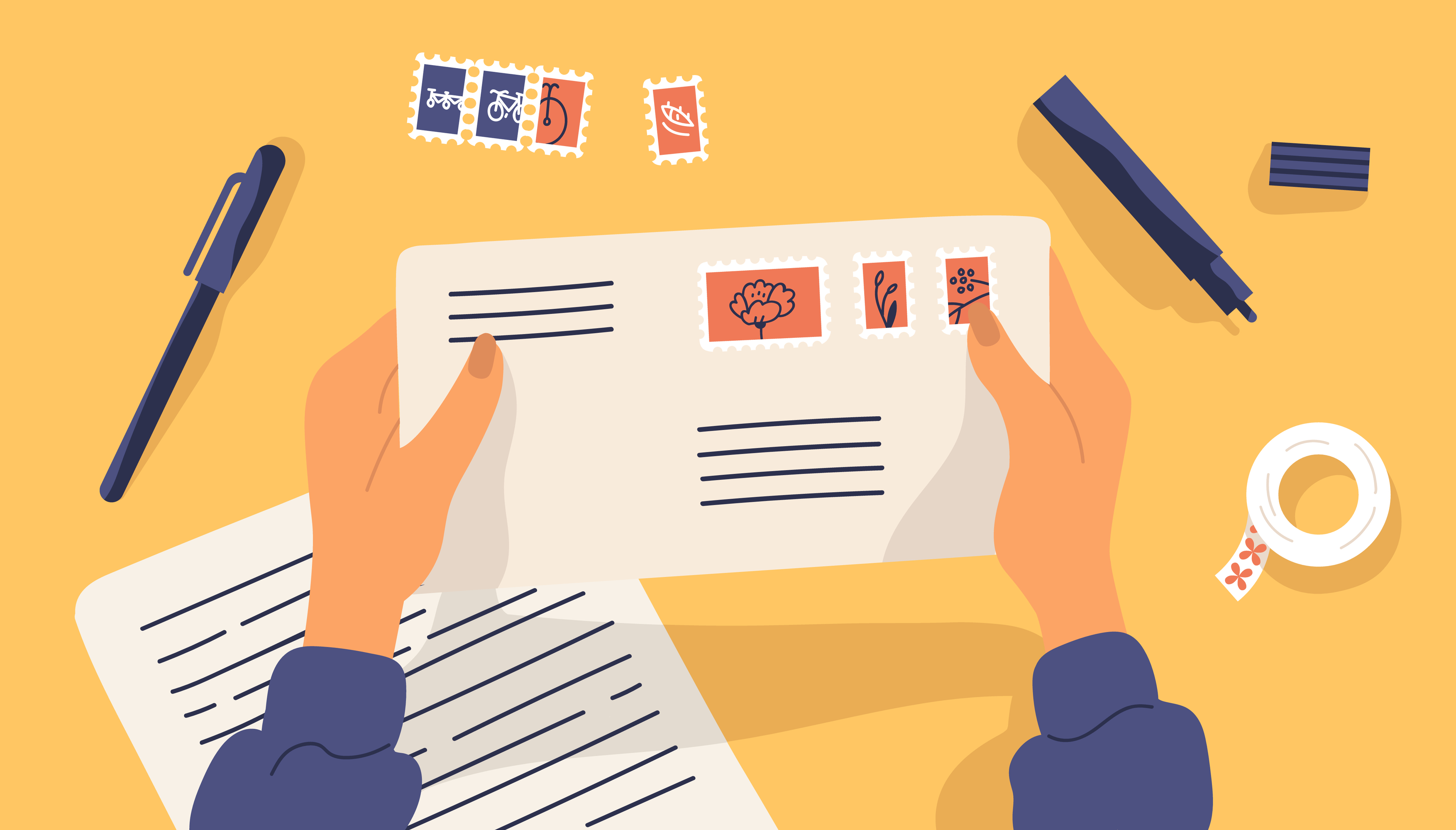 illustration of hands shuffling through envelopes and stamps