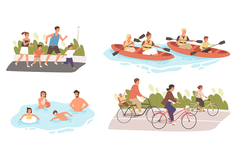 family playing various sports