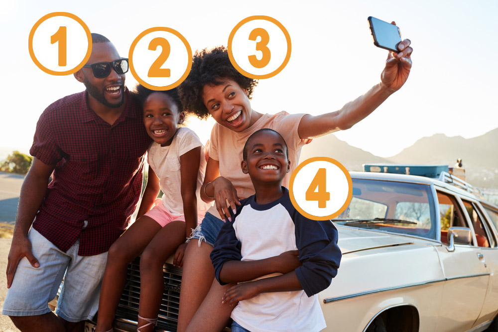 family of four taking photo