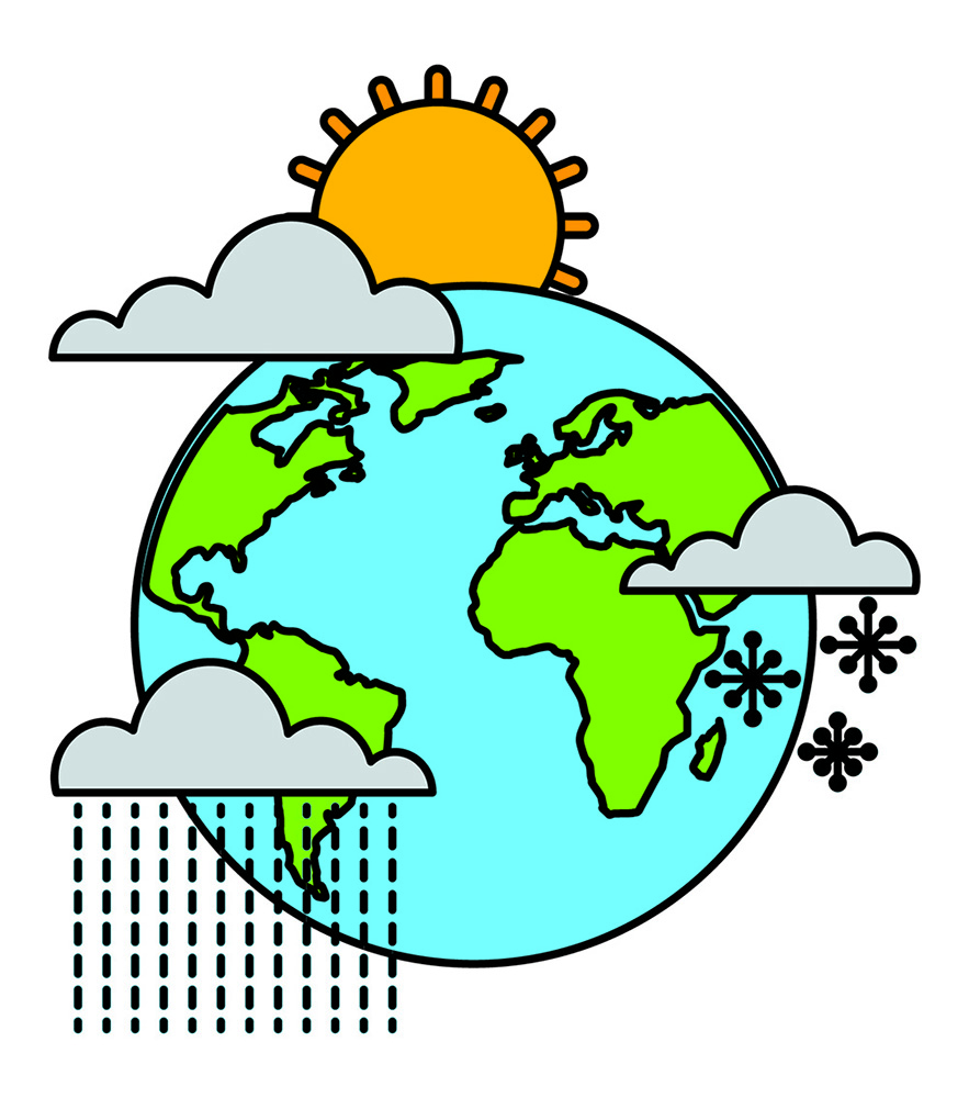 Graphic of the planet Earth with different weather symbols around it.