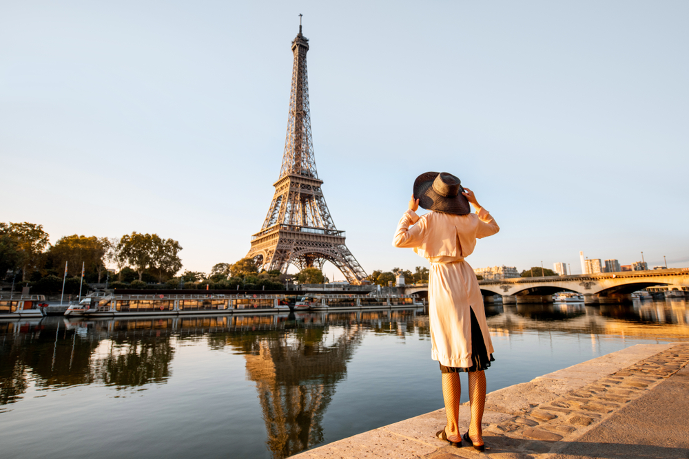 Tourist enjoying a landscape view of the Eiffel Tower.
