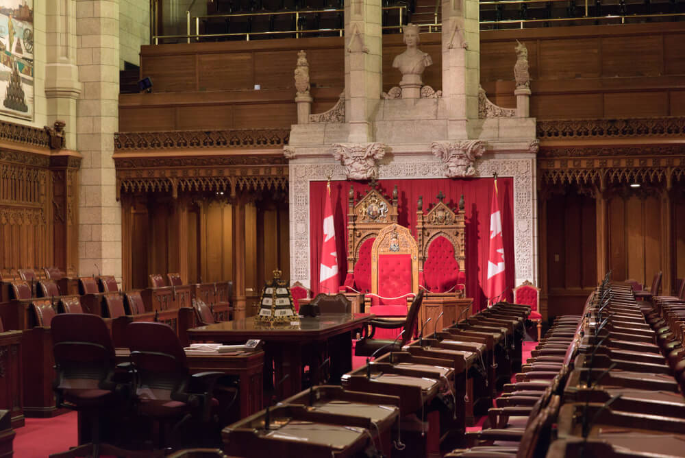 Throne in Senate Chamber in Centre Block building on Parliament Hill, home of Canada's federal government.