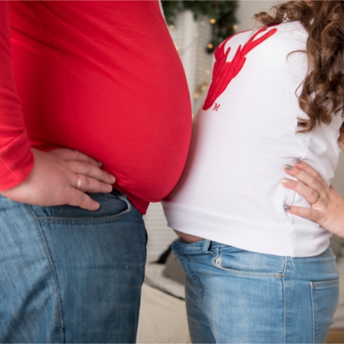 A fat man and a pregnant woman are standing opposite a friend.