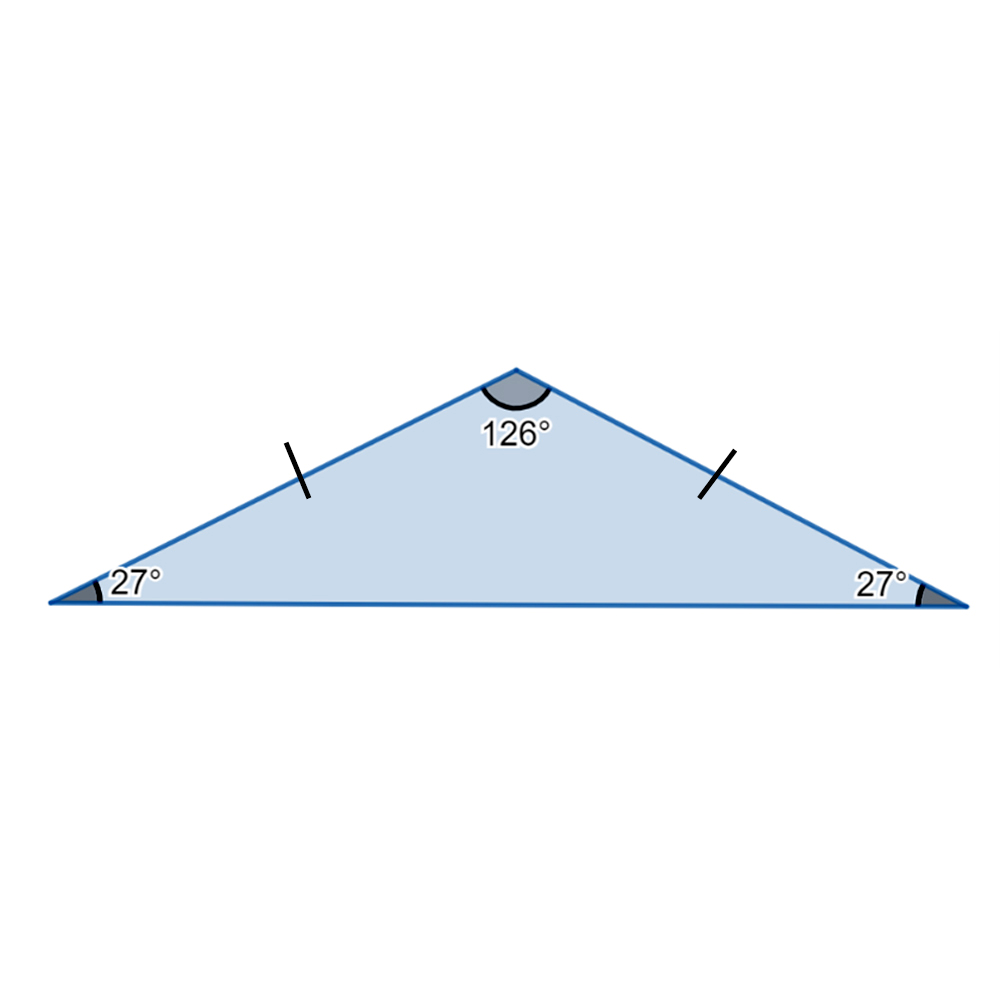 An isosceles triangle with the non-base angle labelled 126 degrees and the base angles labelled 27 degrees.