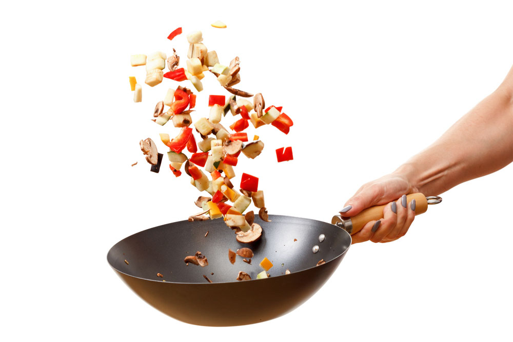 wok with wood handle