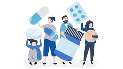 No que diz respeito a medicamentos, a adoção de práticas conscientes não só aprimora a eficácia dos tratamentos com remédios. Desenho de quatro pessoas segurando objetos relacionados a medicação.