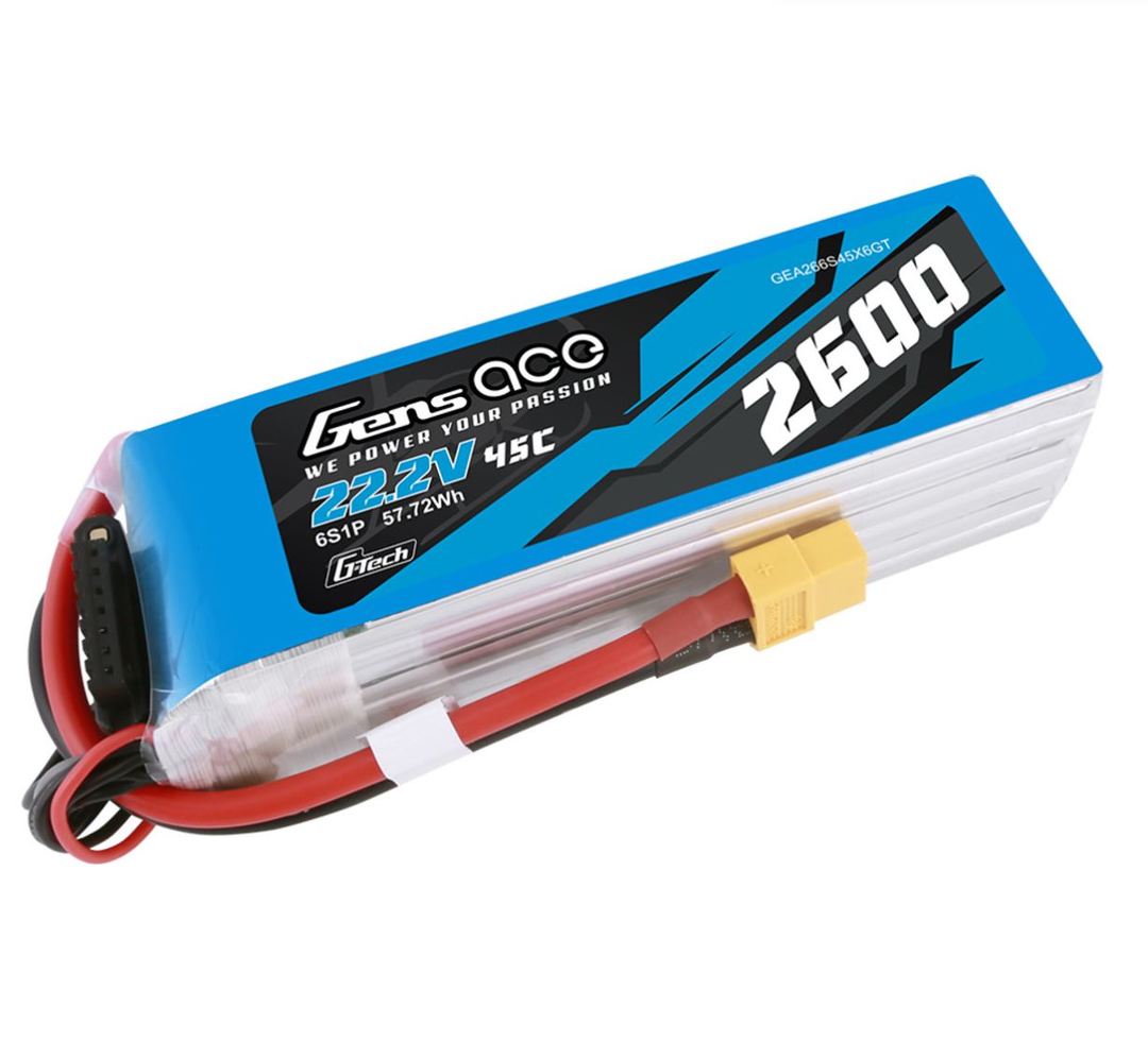 Gens Ace 2600mAh 22.2V 6S 45C Lipo Battery – XT60 Plug - RMRC