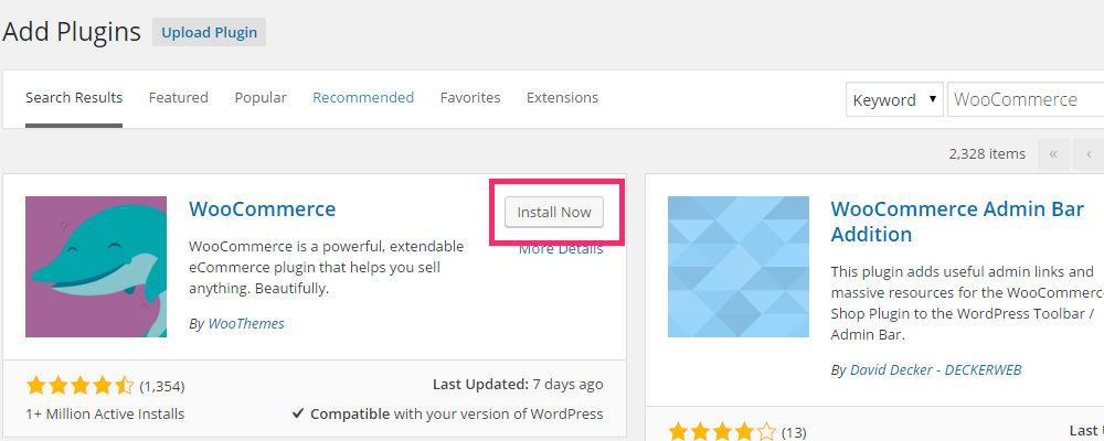 Click “Install Now” to install the WooCommerce plugin