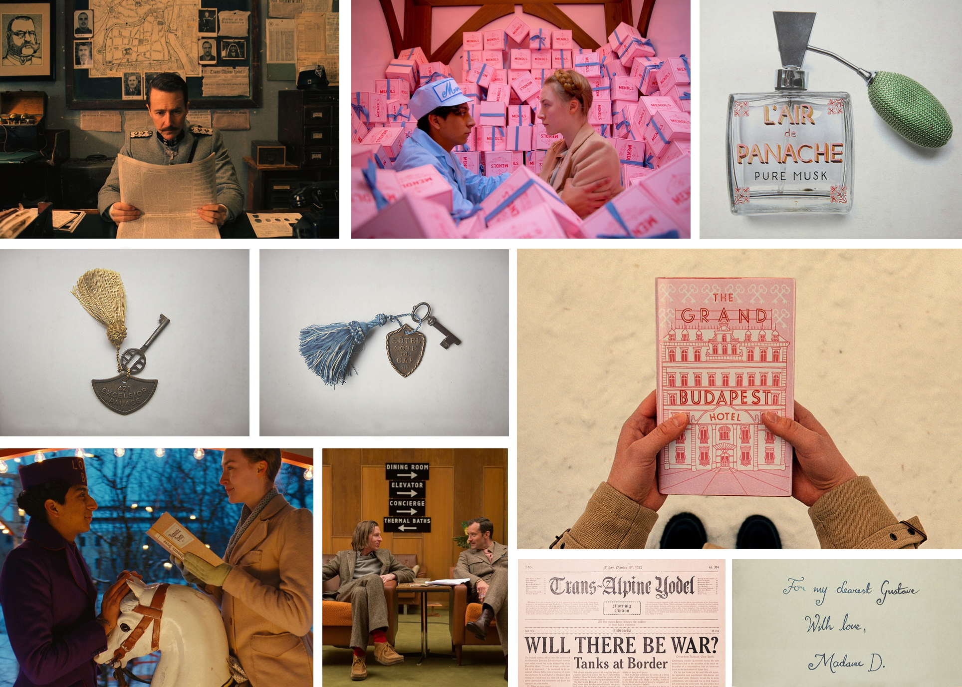 Varios ejemplos del impresionante trabajo de diseño gráfico en El Gran Hotel Budapest.