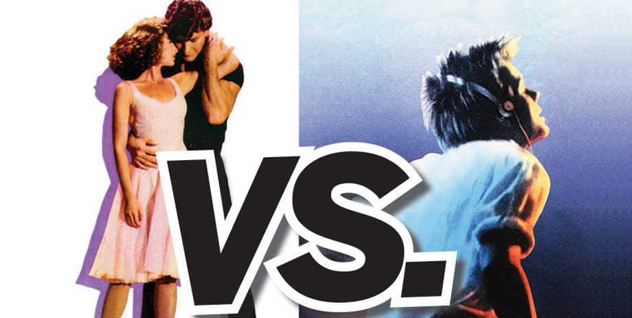 An image of actors Patrick Swayze and Jennifer Grey in Dirty Dancing juxtaposed with an image of actor Kevin Bacon in Footloose
