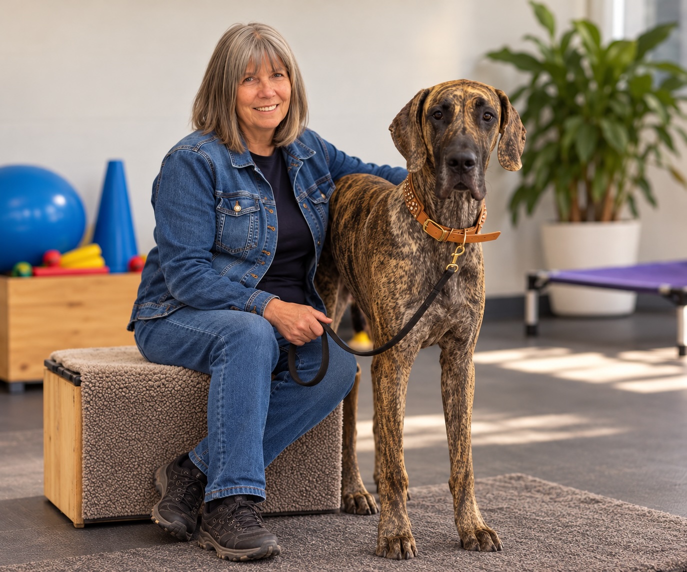 Chris Bevillard sitting beside a Great Dane in a training space