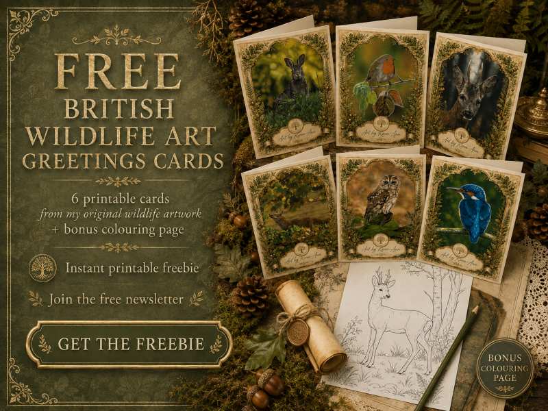 Free printable British wildlife greetings cards created from original pastel wildlife artwork with a bonus colouring page