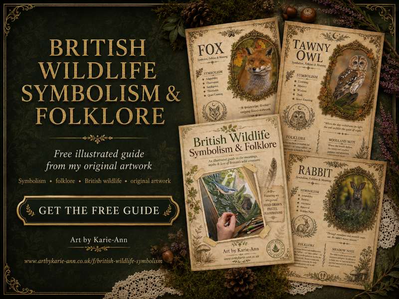 Free British Wildlife Symbolism and Folklore illustrated guide featuring pages created from Karie-Ann's original pastel wildlife artwork