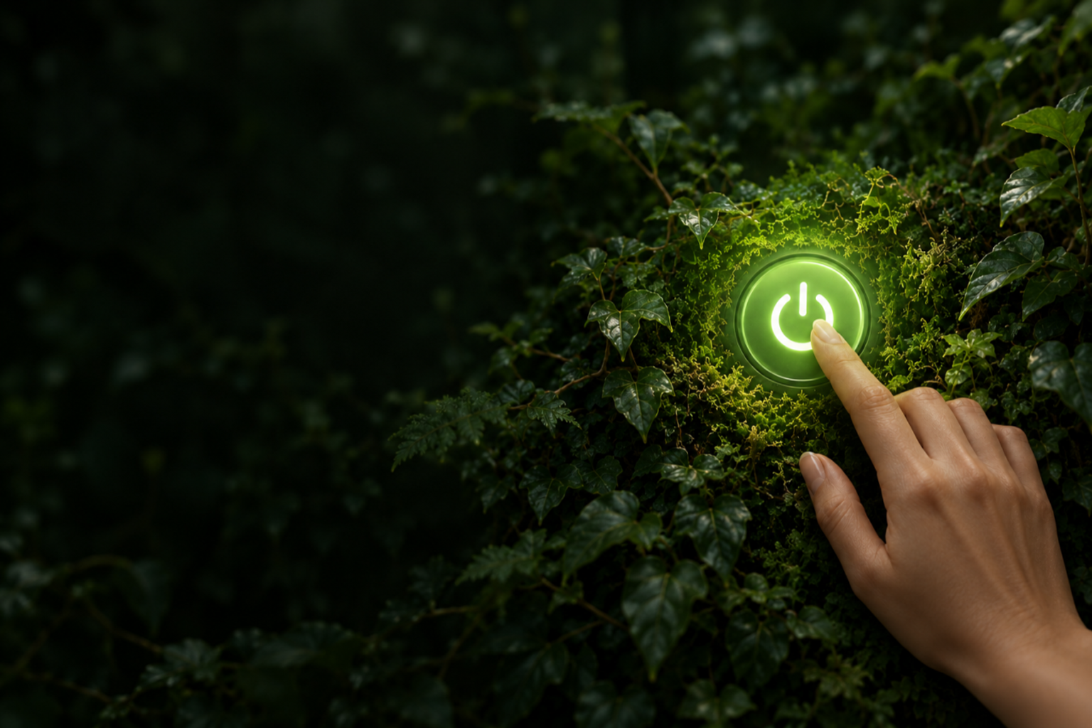 Uma mão toca suavemente num botão de energia luminoso, entre folhas verdes.