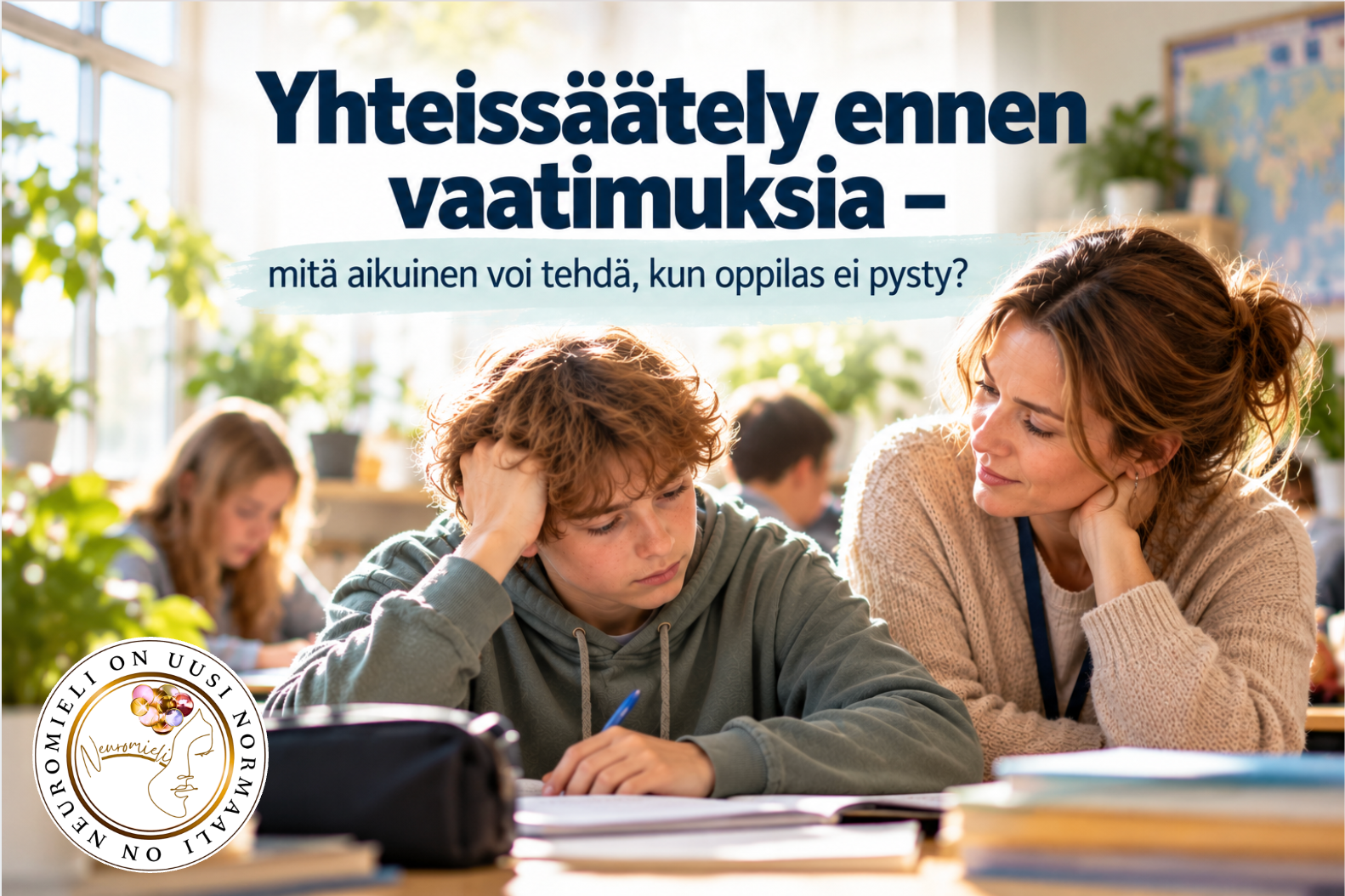 Yhteissäätely ennen vaatimuksia – aikuinen tukee kuormittunutta nuorta luokkahuoneessa.