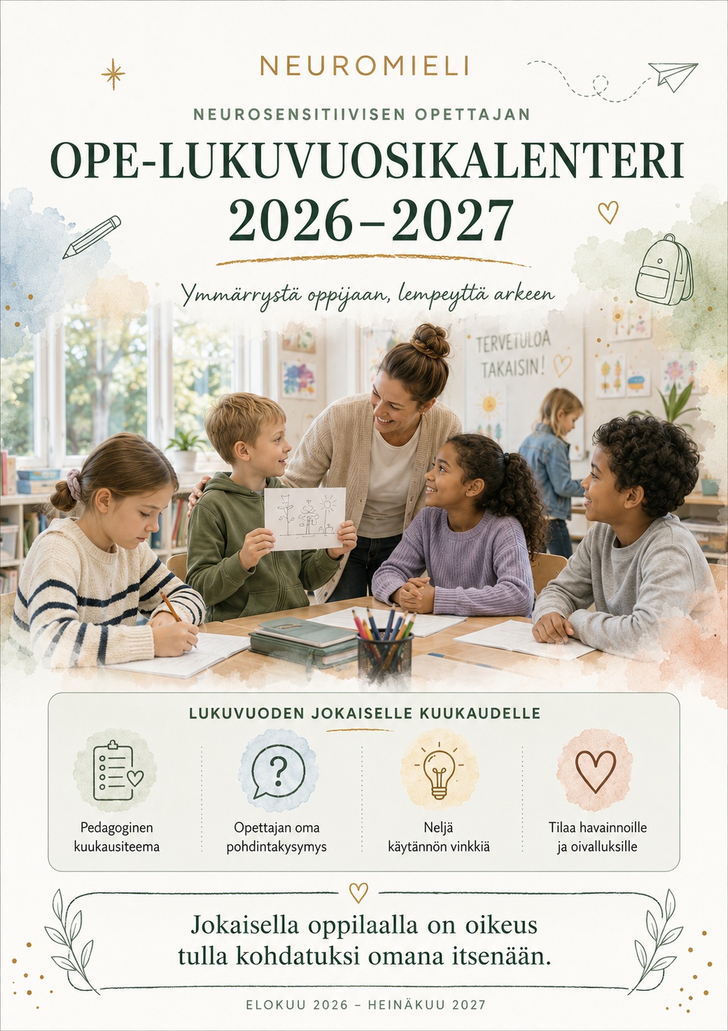 Neuromieli OPE-lukuvuosikalenteri alakouluun 2026–2027 – kansi