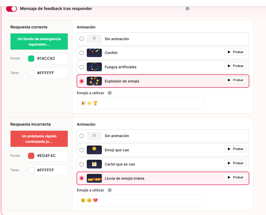 Animaciones de acierto y fallo en un quiz de puntos