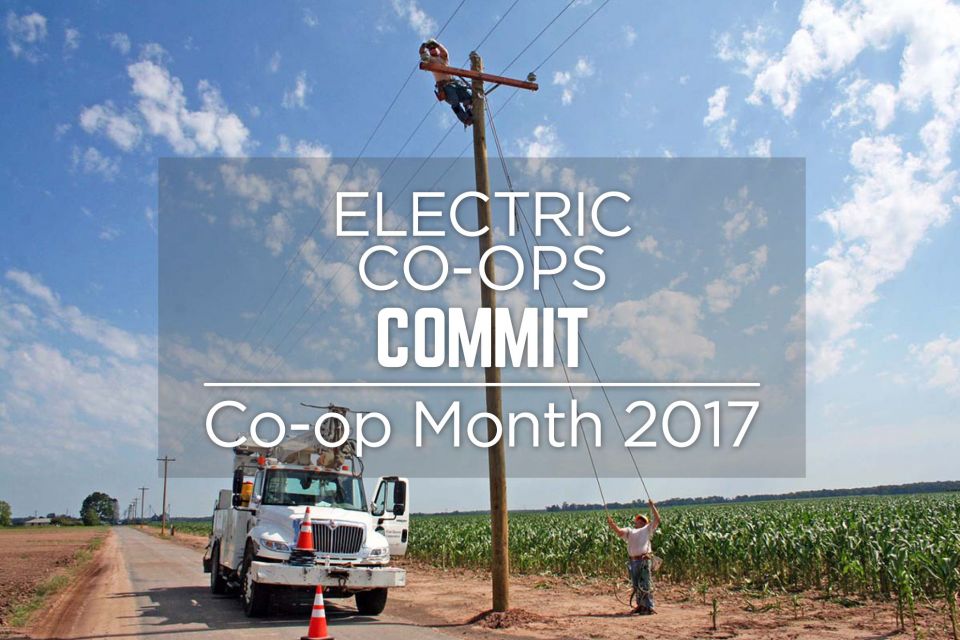 Lineman climbing utility pole with utility truck beside the pole. Text on image reads: Electric Co-op Commit Co-op Month 2017