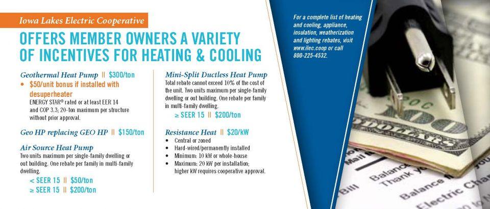 Iowa Lakes Electric Cooperative offers a variety of incentives for heating and cooling. Call ILEC today for more information: 800-225-4532