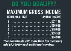 The chart displays the maximum gross annual income dependent on household size.