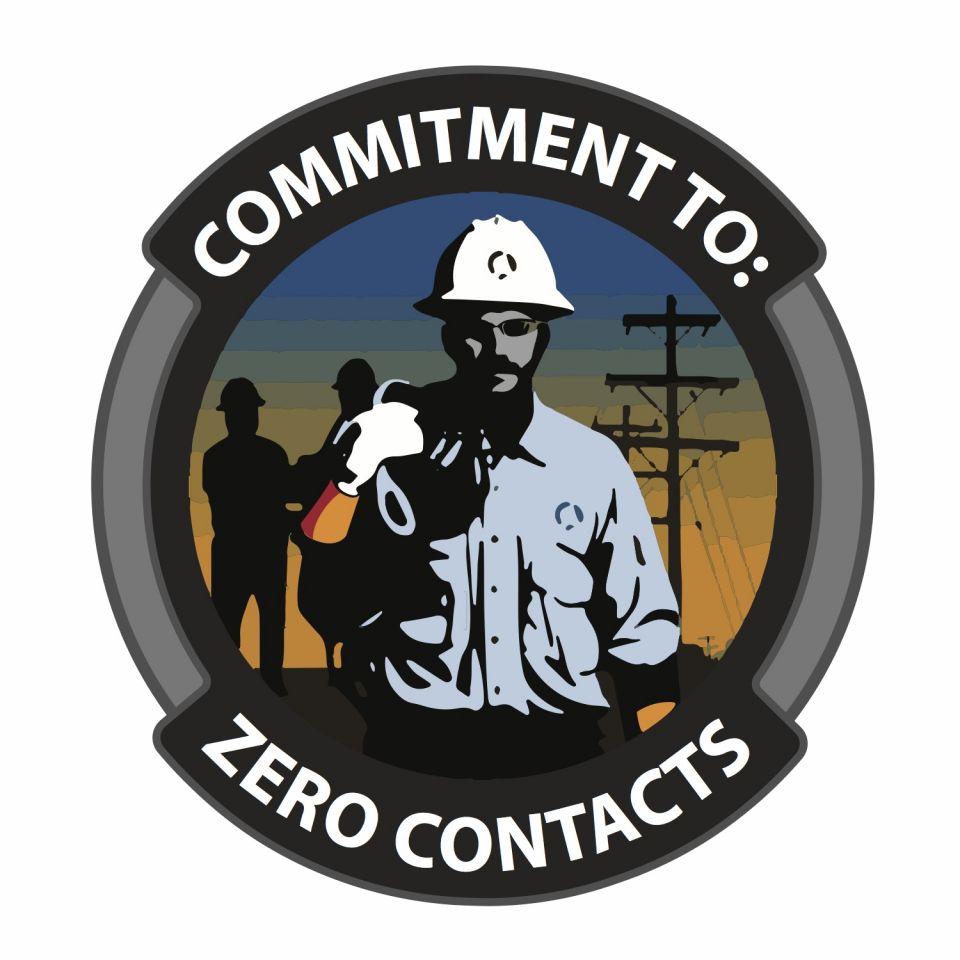 Image features the logo for the Commitment to Zero Contacts program. It is a graphic illustration of a line worker with his crew and power lines behind him.