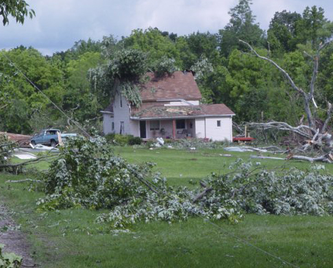 Home after a storm with downed trees and power lines