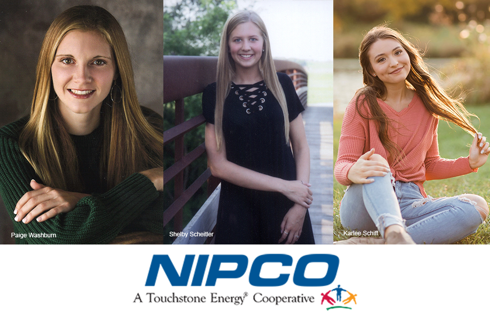 Photo collage featuring NIPCO scholarship winners. From left to right is Paige Washburn, Shelby Scheitler, and Karlee Schiff