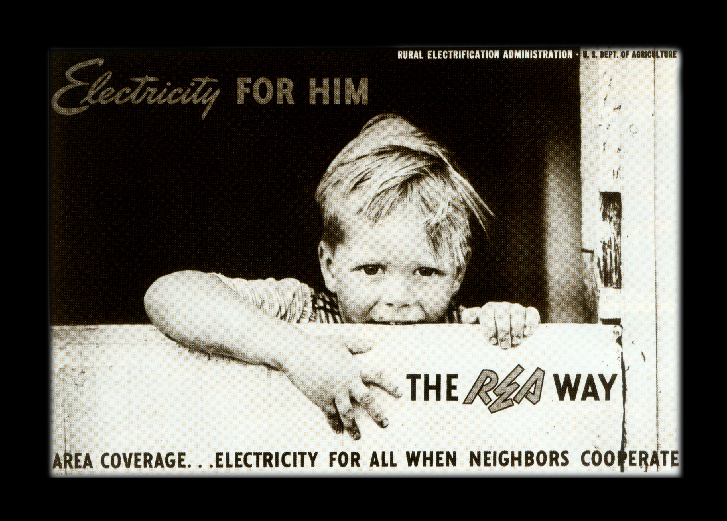 Image features 1930's advertisement of a young boy from rural America leaning on a barn fence.
