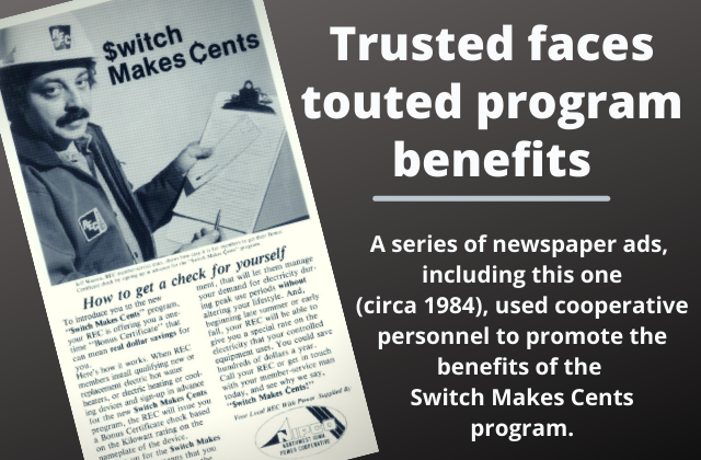 A photo of an early ad, circa 1984, along with the words "Trusted faces promoted program benefits."
