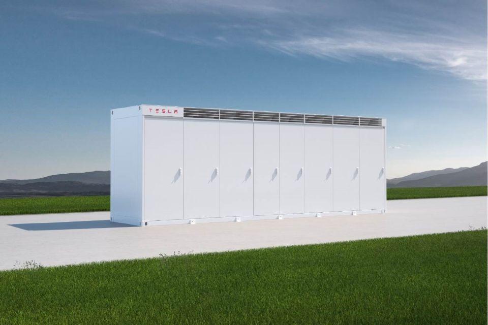 Artist rendering of the utility-scale Tesla battery storage unit.