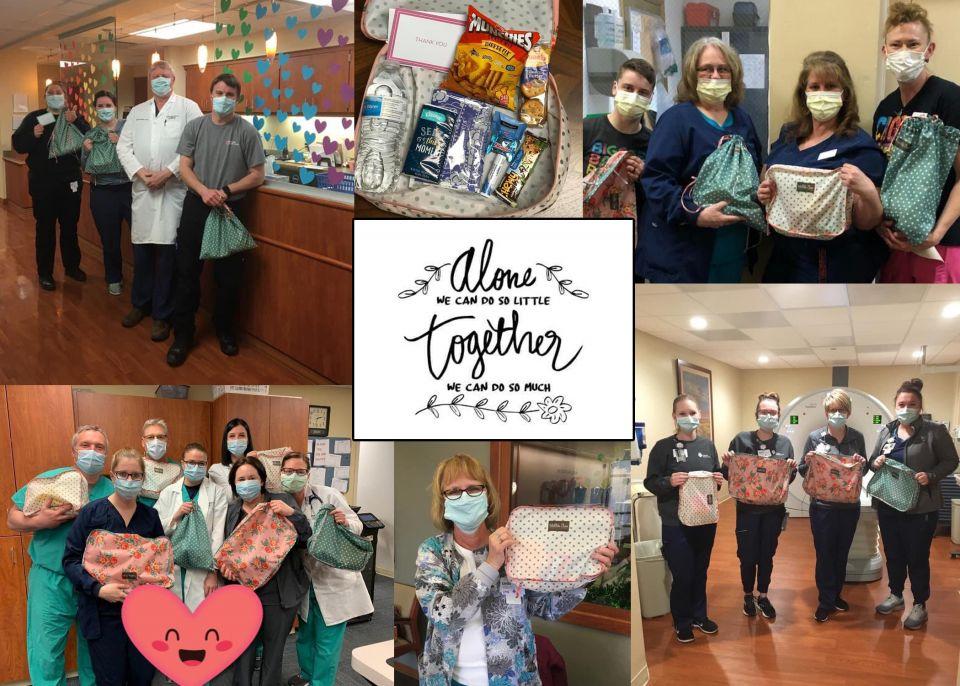 Photo collage of healthcare workers posed with their care packages and an image of the note that says: Alone we can do so little; Together we can do so much.