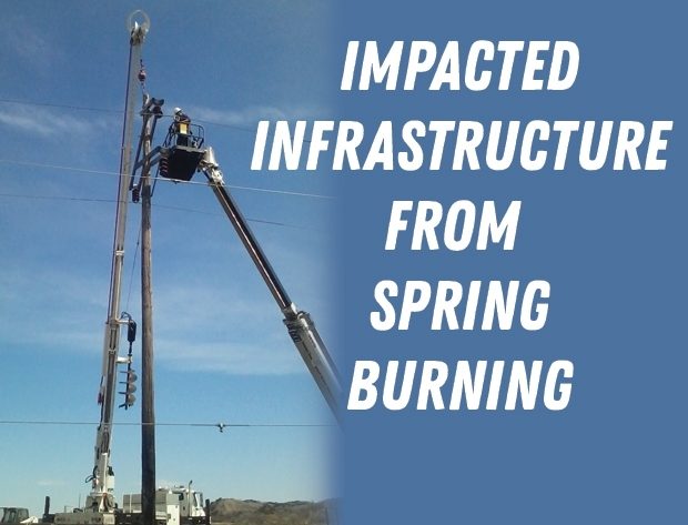 Graphic image and photo of a burnt transmission pole being replaced by NIPCO crew workers with new story title.