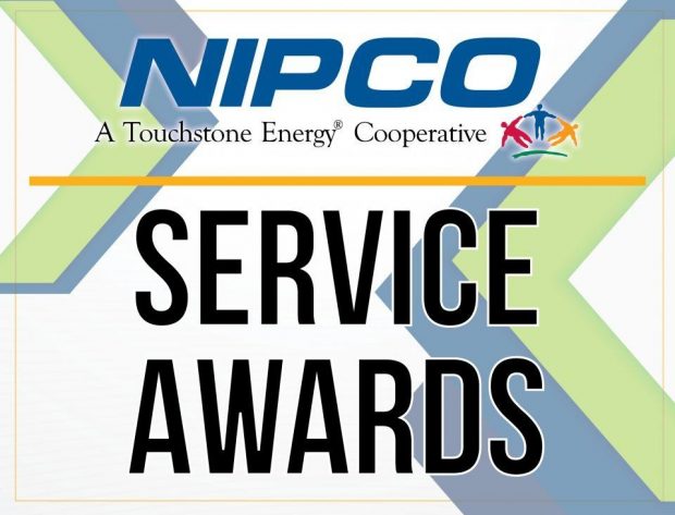Green and blue banner design that says "Service Awards"