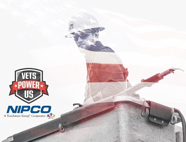 Graphic illustration of a lineman with an American flag behind him and the NIPCO and Vets Power Us logo