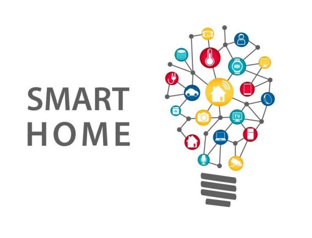 graphic representation of grouped smart home gadget icons in the shape of a light bulb