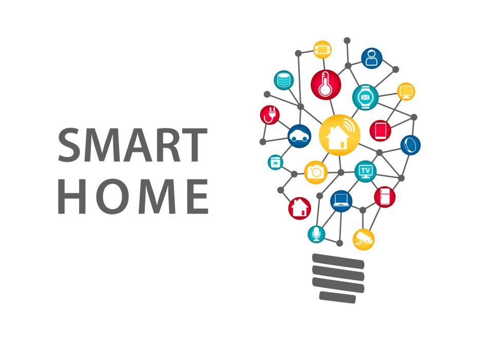 graphic representation of grouped smart home gadget icons in the shape of a light bulb