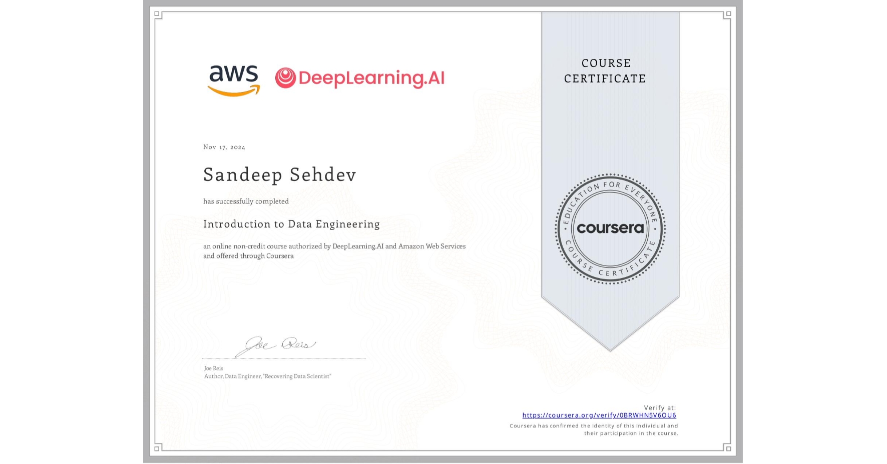 View certificate for Sandeep Sehdev, Introduction to Data Engineering, an online non-credit course authorized by DeepLearning.AI & Amazon Web Services and offered through Coursera