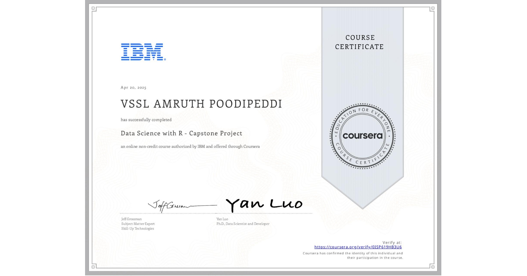 View certificate for VSSL AMRUTH POODIPEDDI, Data Science with R - Capstone Project, an online non-credit course authorized by IBM and offered through Coursera