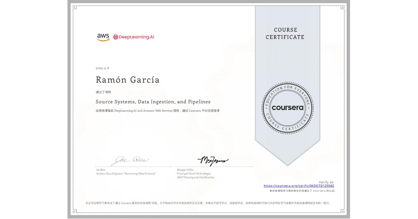 View certificate for Ramón García, Source Systems, Data Ingestion, and Pipelines, an online non-credit course authorized by DeepLearning.AI & Amazon Web Services and offered through Coursera