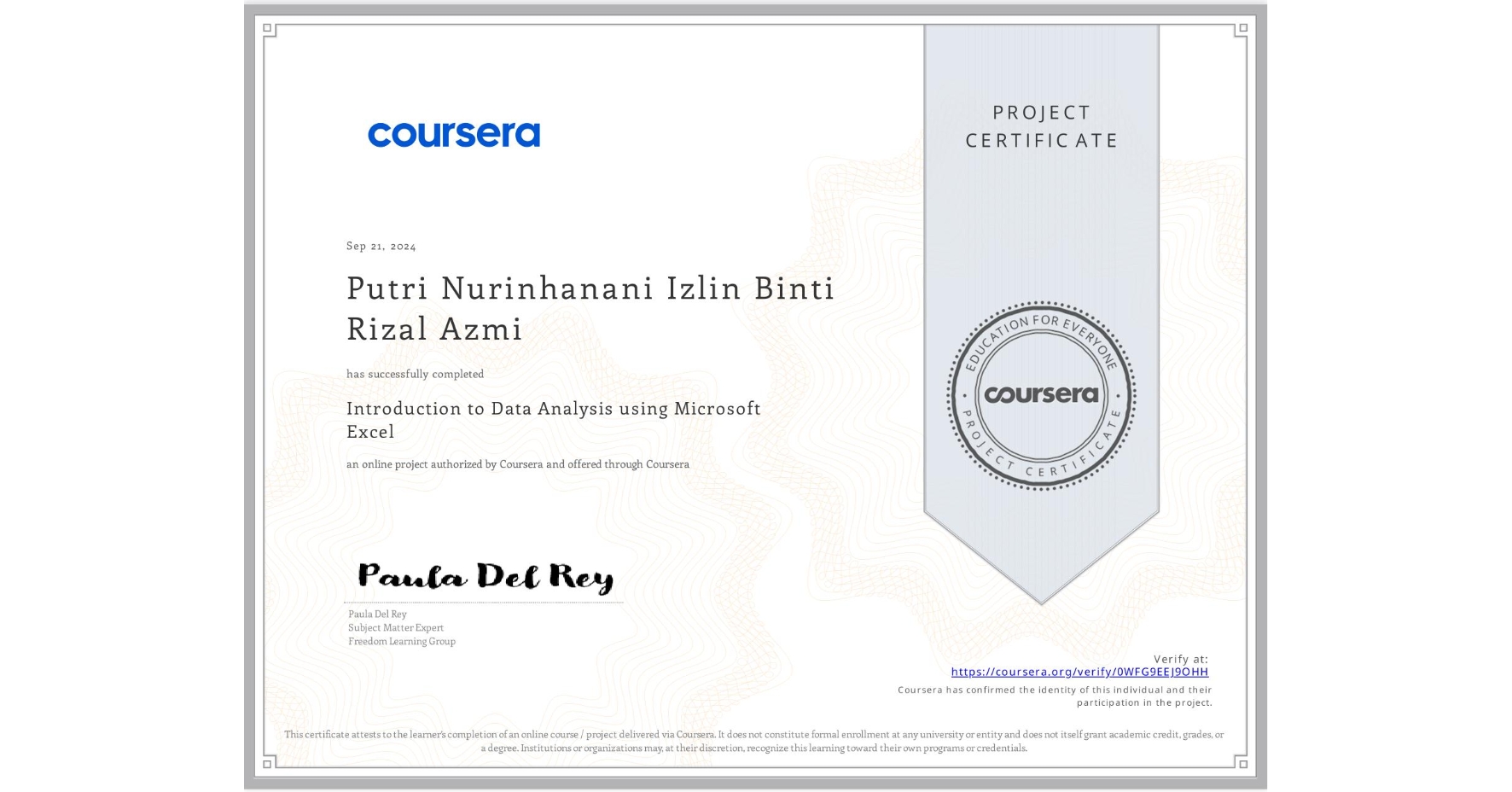 View certificate for Putri Nurinhanani Izlin Binti Rizal Azmi, Introduction to Data Analysis using Microsoft Excel, an online non-credit course authorized by Coursera and offered through Coursera