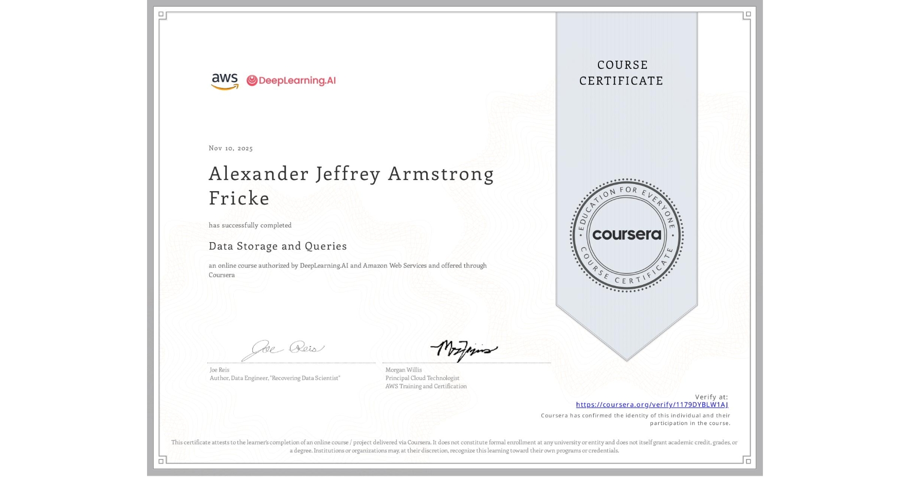 View certificate for Alexander Jeffrey Armstrong Fricke, Data Storage and Queries, an online non-credit course authorized by DeepLearning.AI & Amazon Web Services and offered through Coursera